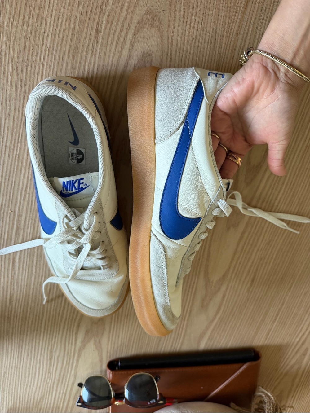 Nike Cream Leather Sneakers with Blue Swoosh and Gum Sole